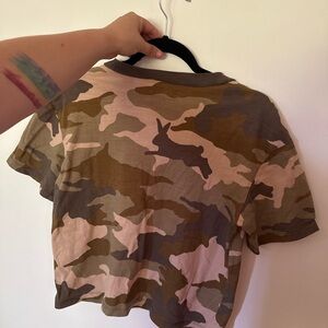 Madewell Cropped Camo Tee with Bunny Graphic - Green & Tan Camouflage